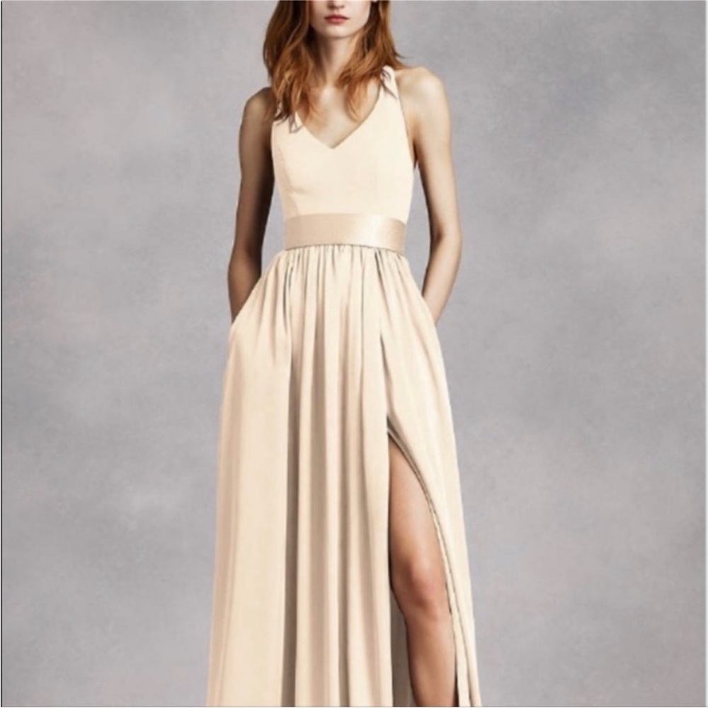 White by Vera Wang Champagne V-Neck Maxi Gown Bridesmaid Dress